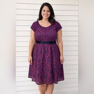 MIUSOL Navy and Burgundy Lace-Pattern Dress